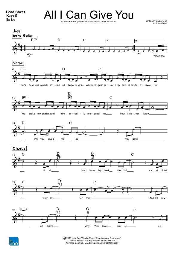 All I Can Give You Lead Sheet (Bryan Popin)