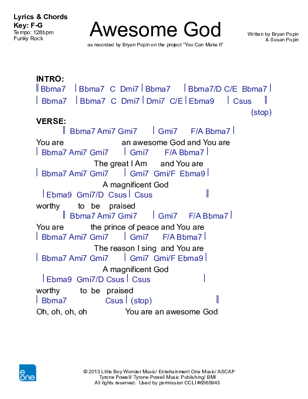 Awesome God Chord Chart (Bryan Popin)
