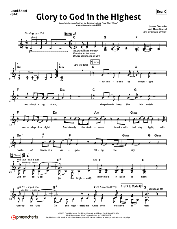 Glory To God In The Highest Lead Sheet (SAT) (Downhere)