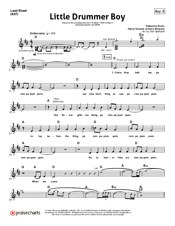 Little Drummer Boy (Prince Of Peace) Lead Sheet (SAT) (NCC Worship)