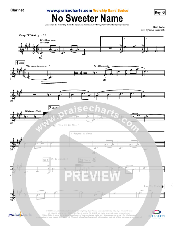 No Sweeter Name Clarinet (Gateway Worship)