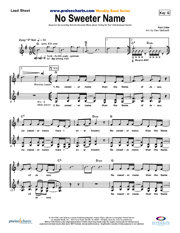 No Sweeter Name Lead Sheet (Gateway Worship)
