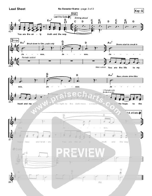 No Sweeter Name Lead Sheet (SAT) (Gateway Worship)