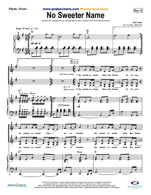 No Sweeter Name Piano/Vocal (Gateway Worship)