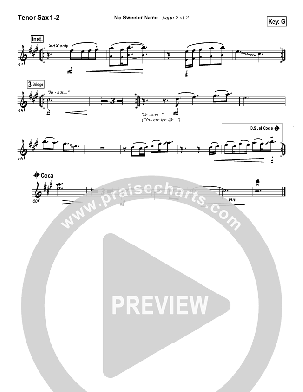 No Sweeter Name Tenor Sax 1/2 (Gateway Worship)