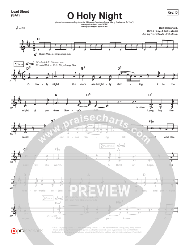 O Holy Night Lead Sheet (SAT) (Sidewalk Prophets)