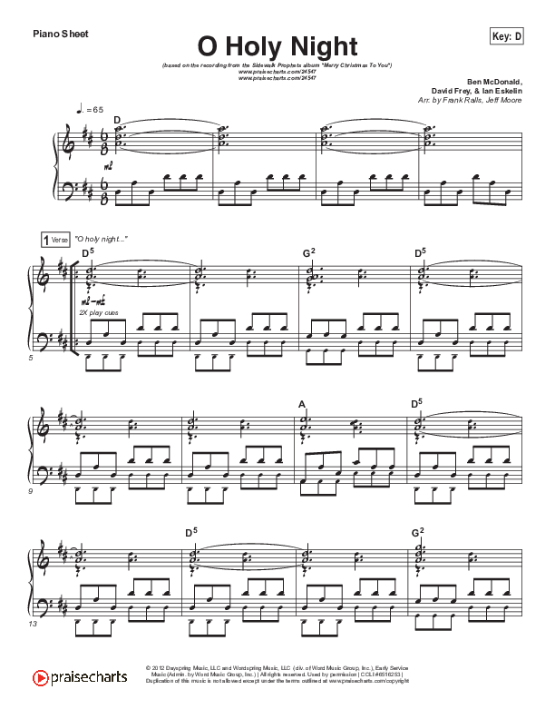O Holy Night Piano Sheet (Sidewalk Prophets)