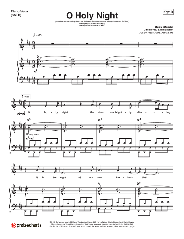 O Holy Night Piano/Vocal (SATB) (Sidewalk Prophets)