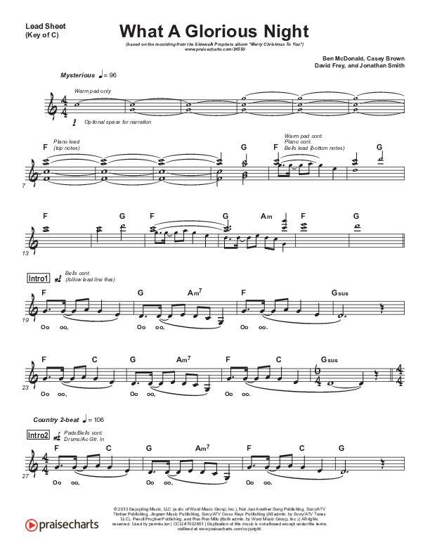 What A Glorious Night Lead Sheet (Melody) (Sidewalk Prophets)