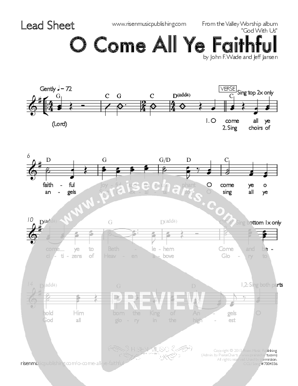 O Come All Ye Faithful Lead Sheet (Valley Worship)