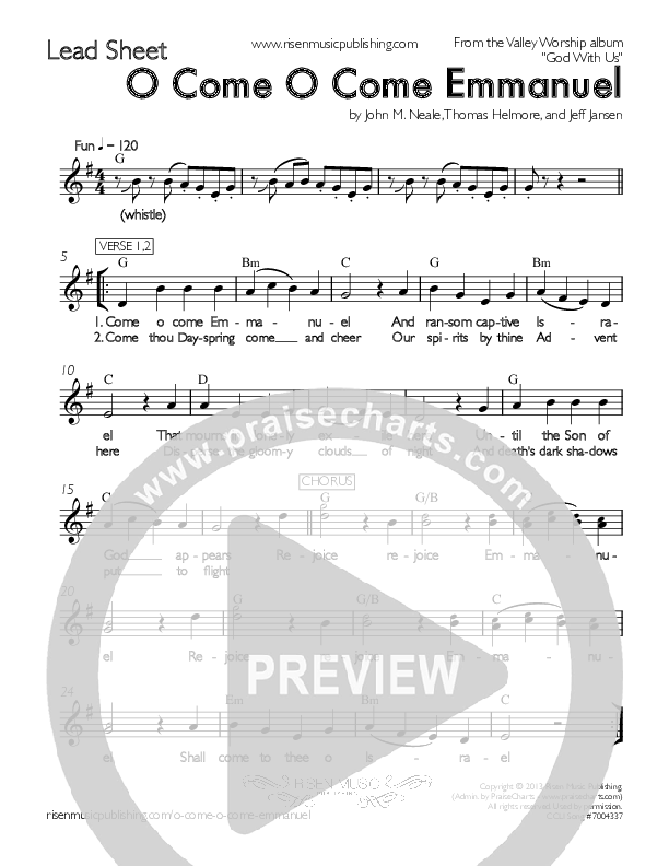 O Come O Come Emmanuel Lead Sheet (Valley Worship)