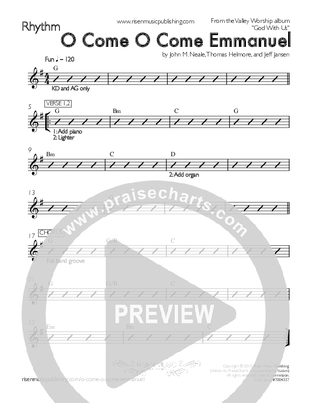 O Come O Come Emmanuel Rhythm Chart (Valley Worship)