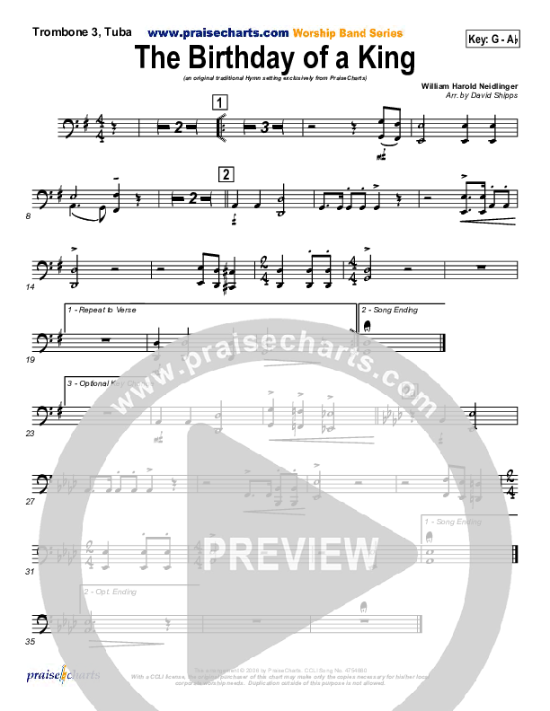 The Birthday Of A King Trombone 3/Tuba ( / Traditional Carol / PraiseCharts)