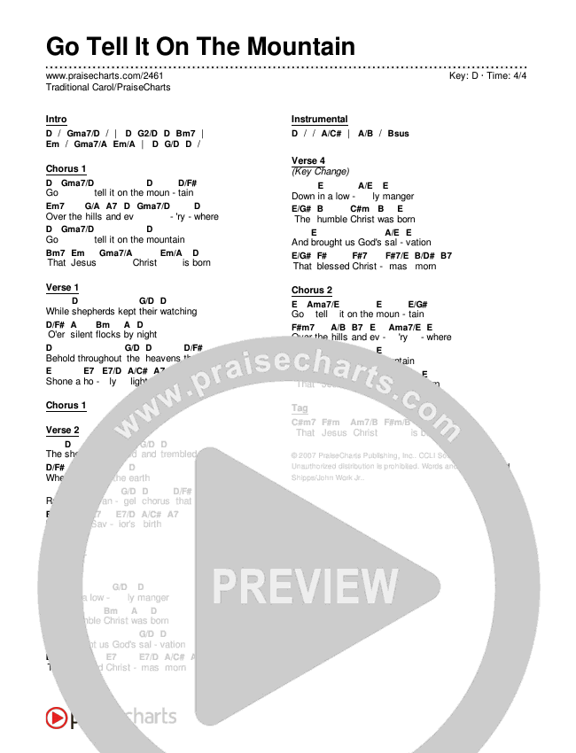 Go Tell It On The Mountain Chords & Lyrics (Traditional Carol / PraiseCharts)