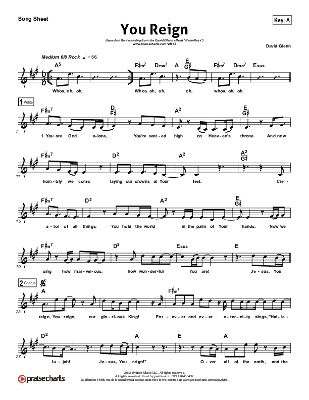 You Reign (Instrumental) Lead Sheet (David Glenn)