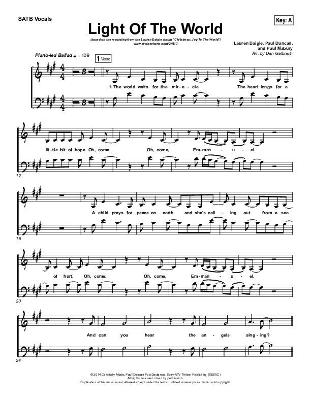 Light Of The World Choir Sheet (SATB) (Lauren Daigle)