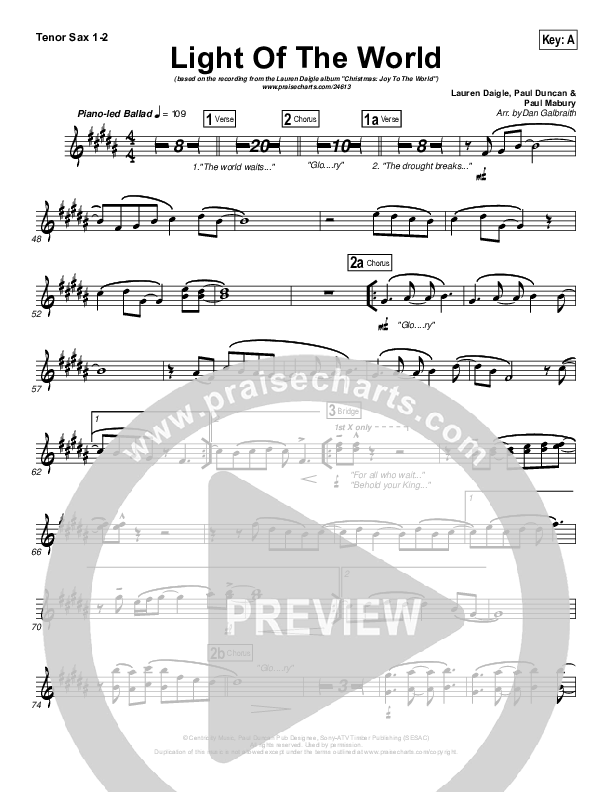 Light Of The World Tenor Sax 1/2 (Lauren Daigle)