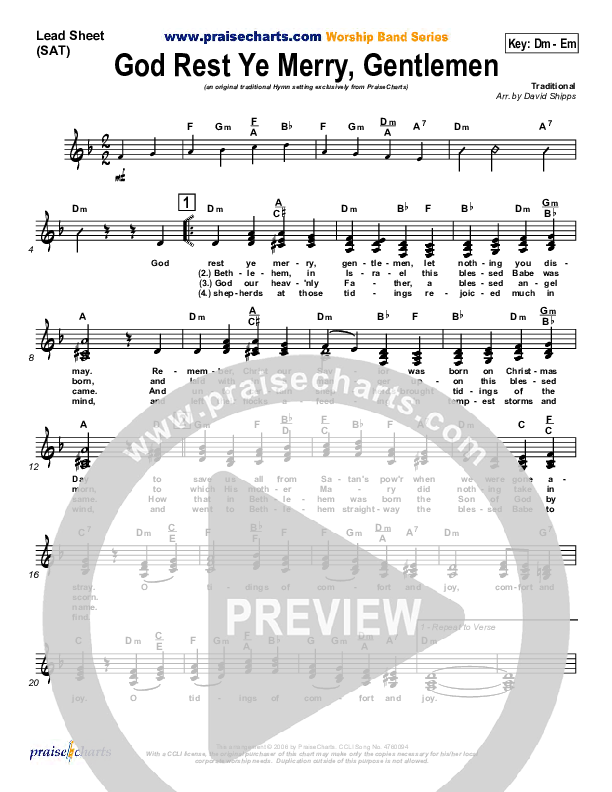 God Rest Ye Merry Gentlemen Lead Sheet (SAT) (Traditional Carol / PraiseCharts)