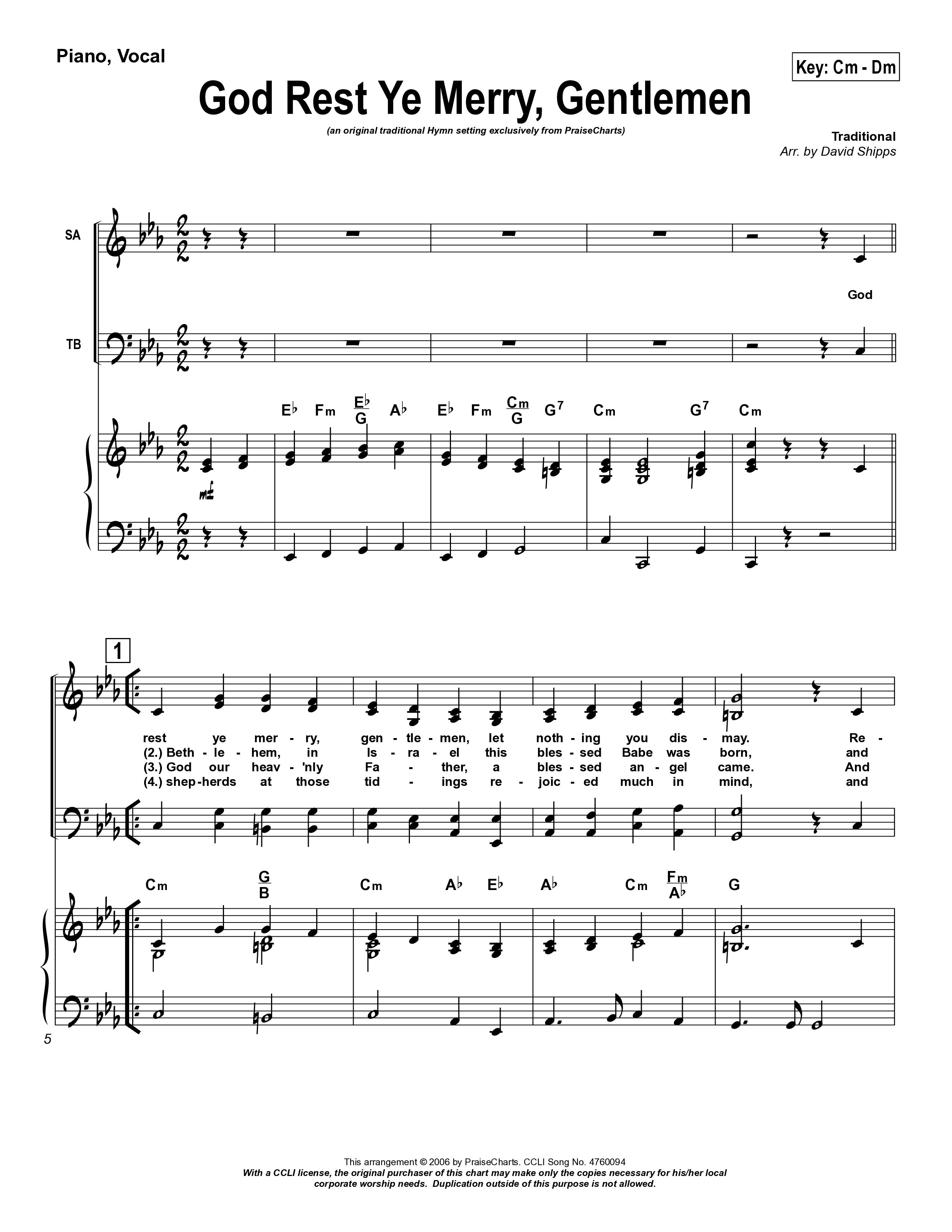 God Rest Ye Merry Gentlemen Piano/Vocal & Lead (Traditional Carol / PraiseCharts)