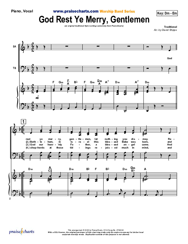 God Rest Ye Merry Gentlemen Piano/Vocal (Traditional Carol / PraiseCharts)