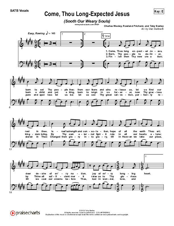 Come Thou Long-Expected Jesus (Soothe Our Weary Souls) Choir Sheet (SATB) (Toby Baxley)