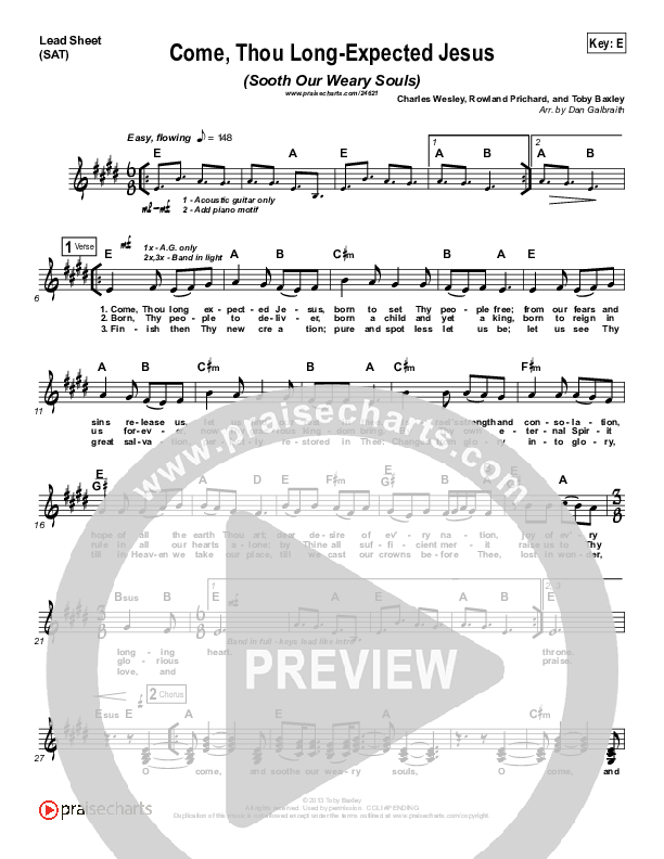 Come Thou Long-Expected Jesus (Soothe Our Weary Souls) Lead Sheet (SAT) (Toby Baxley)