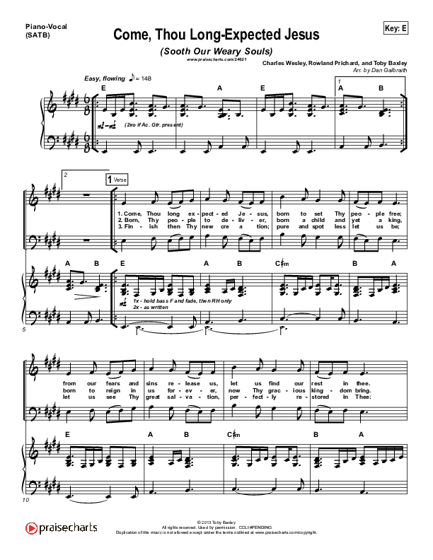 Come Thou Long-Expected Jesus (Soothe Our Weary Souls) Piano/Vocal (SATB) (Toby Baxley)