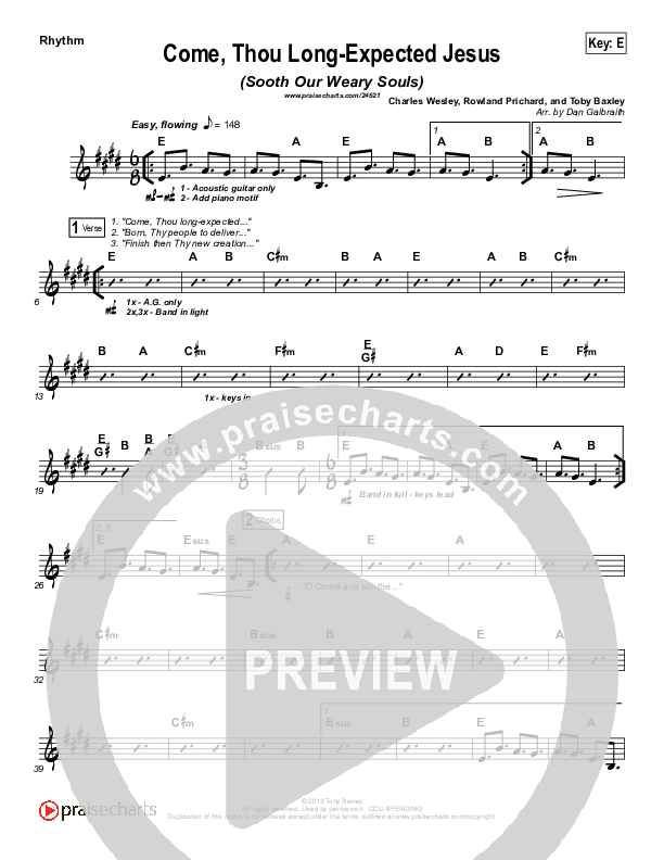 Come Thou Long-Expected Jesus (Soothe Our Weary Souls) Rhythm Chart (Toby Baxley)
