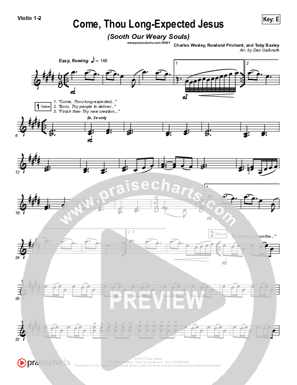 Come Thou Long-Expected Jesus (Soothe Our Weary Souls) Violin 1/2 (Toby Baxley)