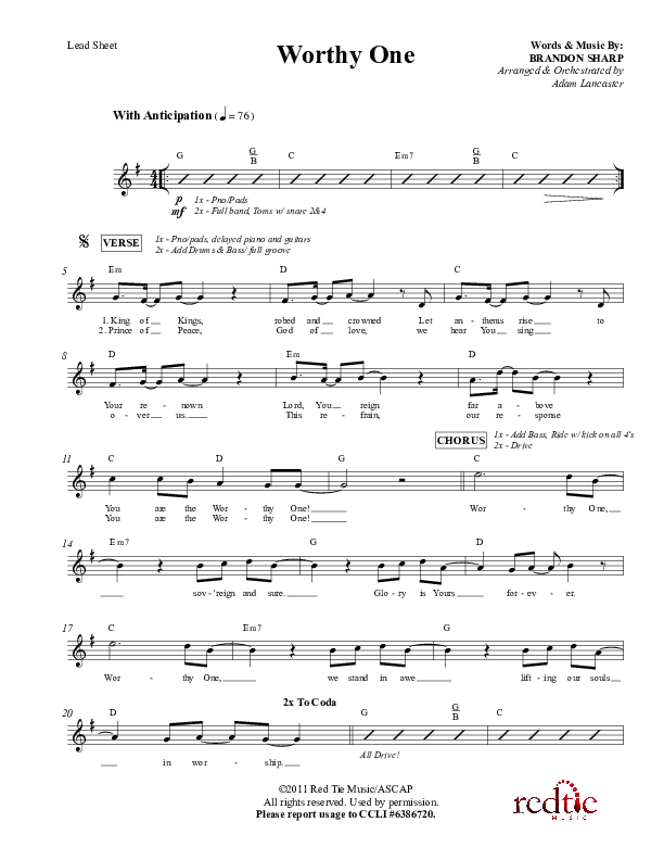 Worthy One Lead Sheet (Red Tie Music)