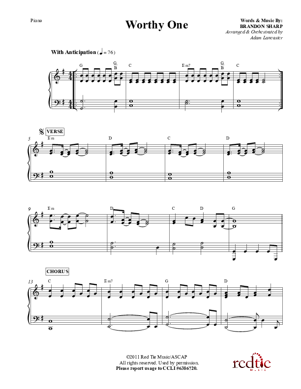 Worthy One Piano Sheet (Red Tie Music)