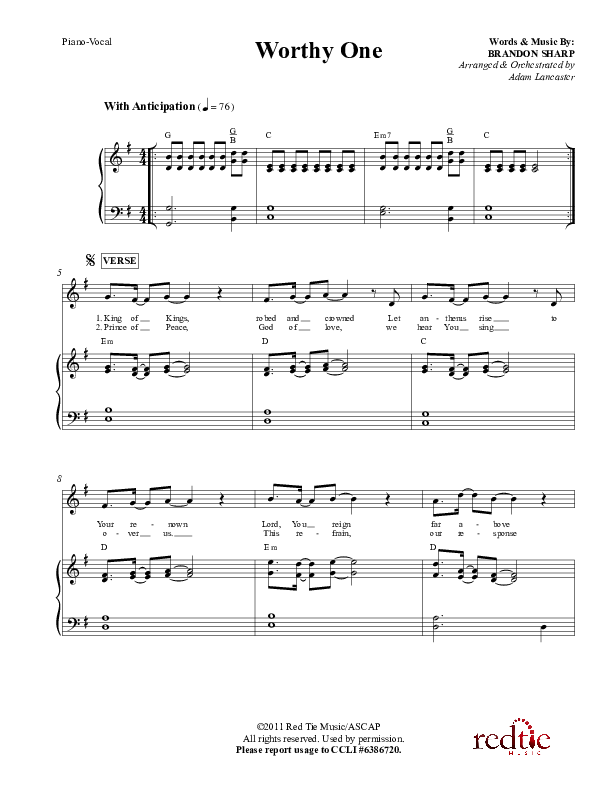 Worthy One Piano/Vocal (Red Tie Music)