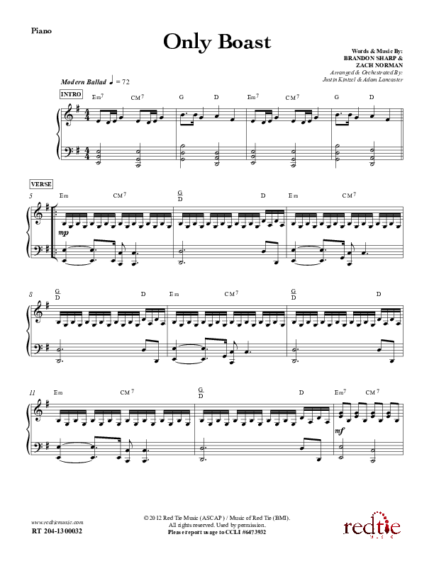 Only Boast Piano Sheet (Red Tie Music)
