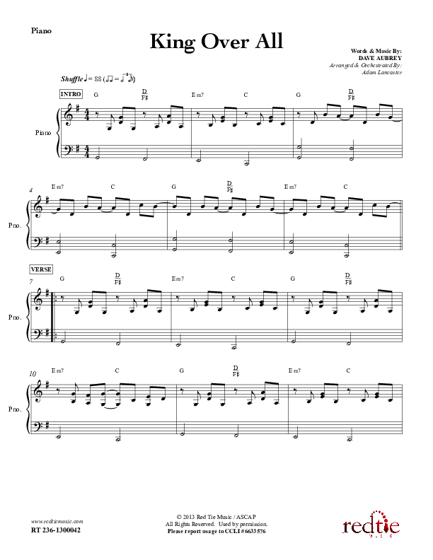 King Over All Piano Sheet (Red Tie Music)