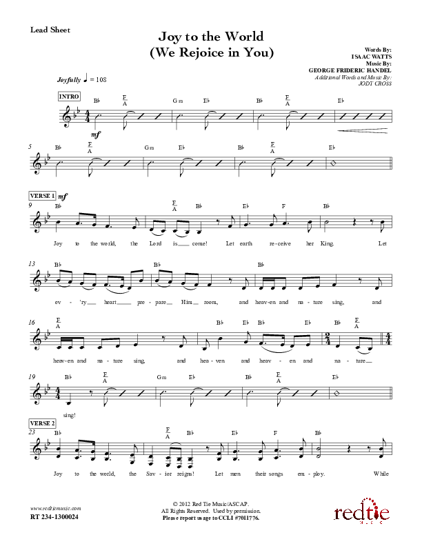 Joy To The World (We Rejoice In You)  Lead Sheet (Red Tie Music)
