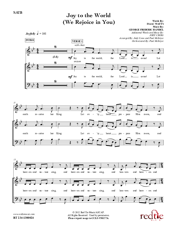 Joy To The World (We Rejoice In You)  Lead & Piano (Red Tie Music)