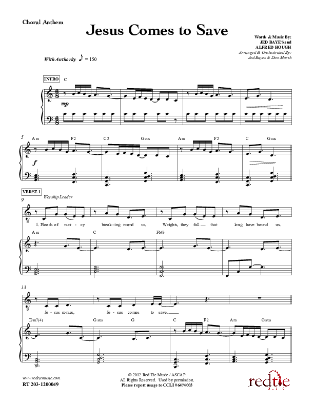Jesus Comes To Save Choir Vocals (SATB) (Red Tie Music)
