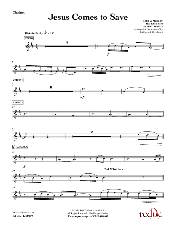 Jesus Comes To Save Clarinet (Red Tie Music)