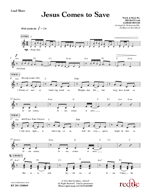 Jesus Comes To Save Lead Sheet (Red Tie Music)