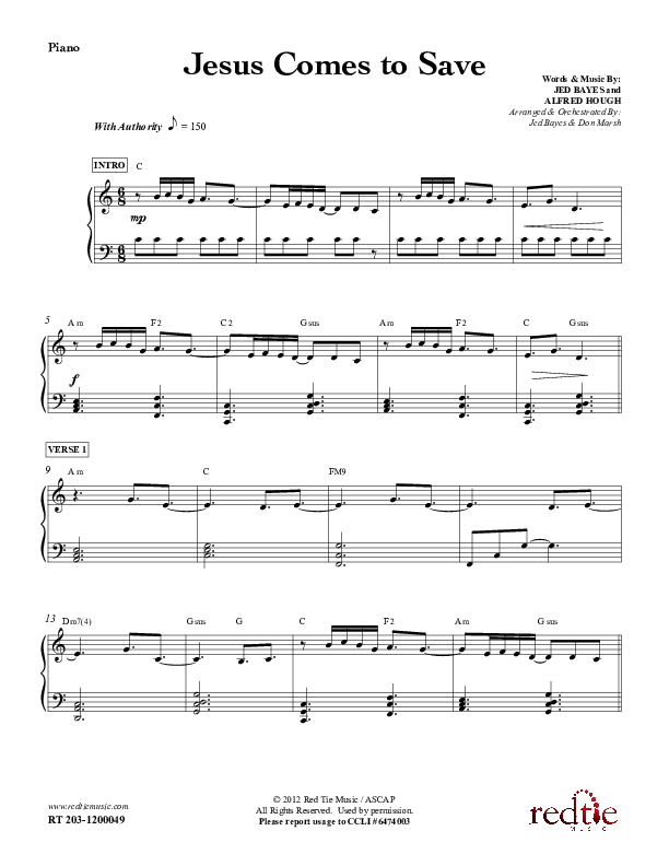 Jesus Comes To Save Piano Sheet (Red Tie Music)