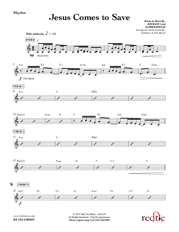 Jesus Comes To Save Rhythm Chart (Red Tie Music)
