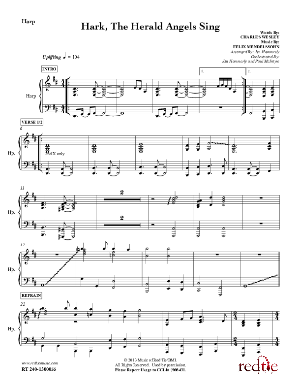 Hark The Herald Angels Sing Harp (Red Tie Music)