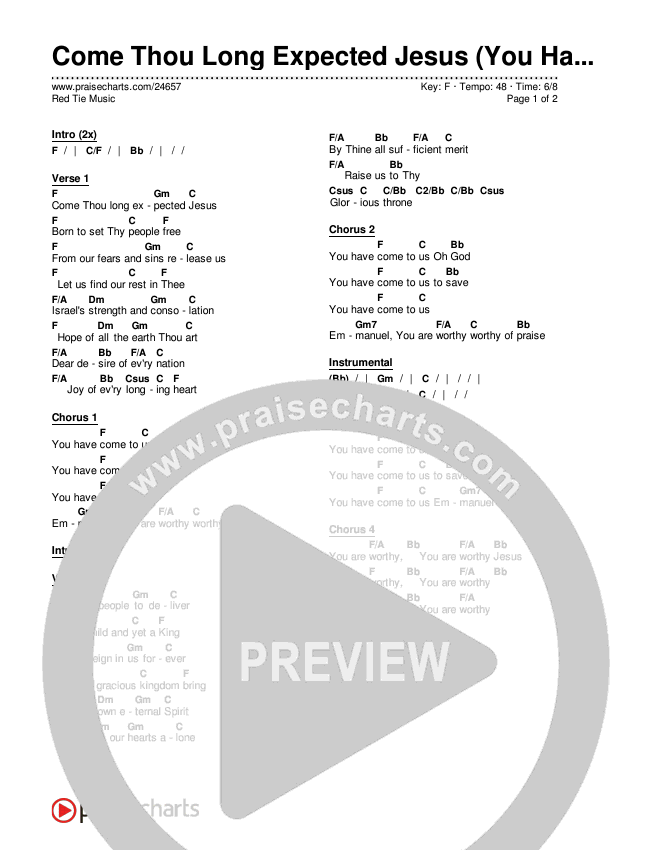 Come Thou Long Expected Jesus (You Have Come To Us) Chords & Lyrics (Red Tie Music)