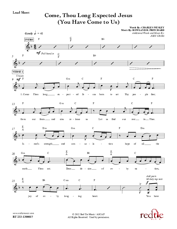 Come Thou Long Expected Jesus (You Have Come To Us) Lead Sheet (Red Tie Music)