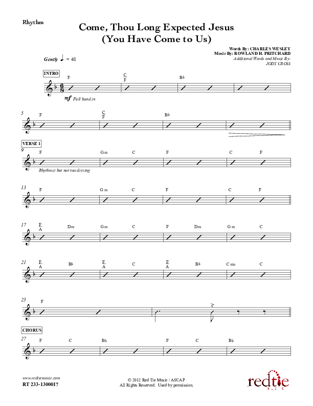 Come Thou Long Expected Jesus (You Have Come To Us) Rhythm Chart (Red Tie Music)