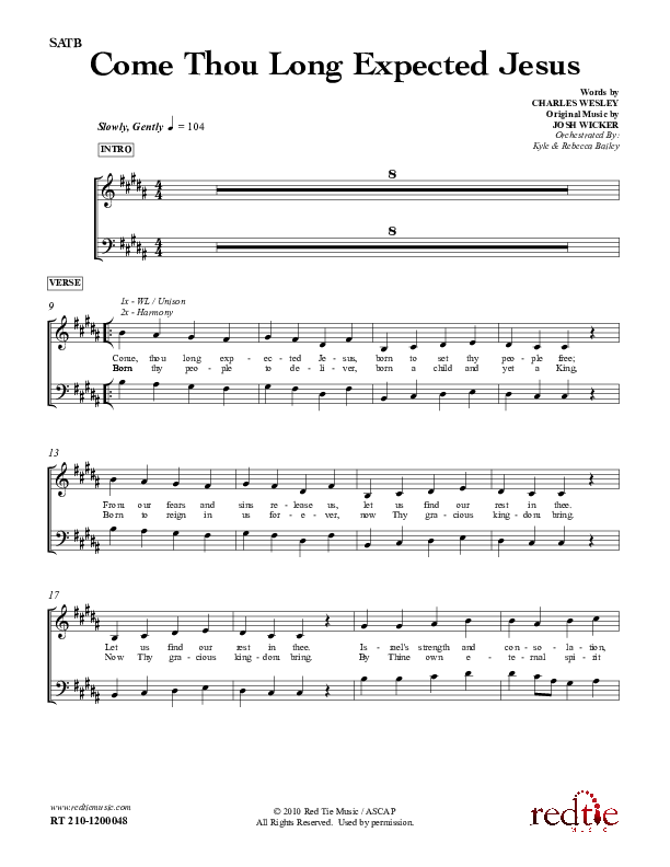 Come Thou Long Expected Jesus Choir Vocals (SATB) (Red Tie Music)