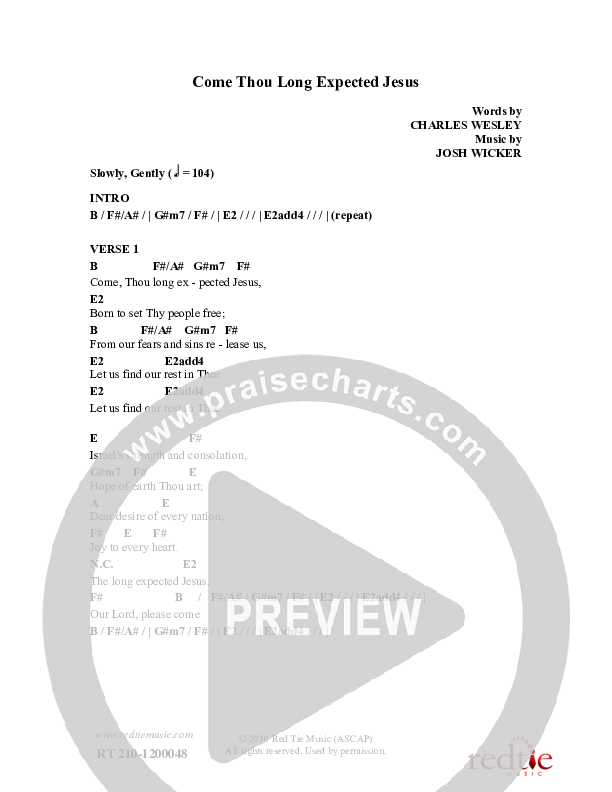 Come Thou Long Expected Jesus Chords & Lyrics (Red Tie Music)