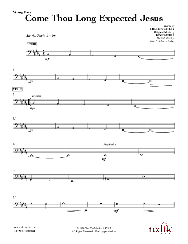 Come Thou Long Expected Jesus Double Bass (Red Tie Music)