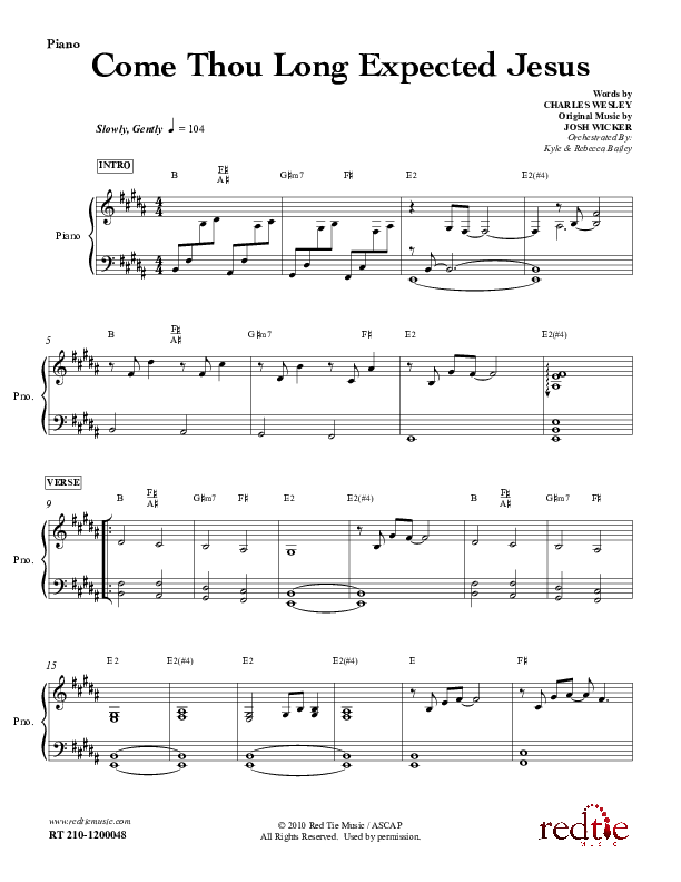 Come Thou Long Expected Jesus Piano Sheet (Red Tie Music)