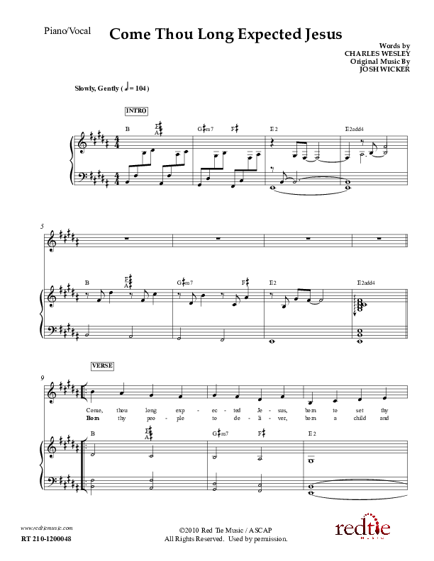 Come Thou Long Expected Jesus Piano/Vocal (Red Tie Music)
